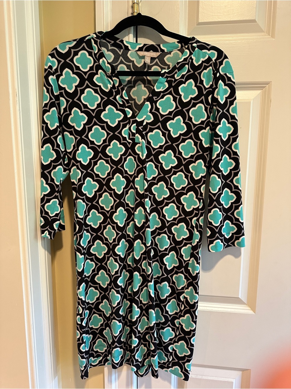 Banana Republic Geometric Print Shift Dress Black Aqua Size S